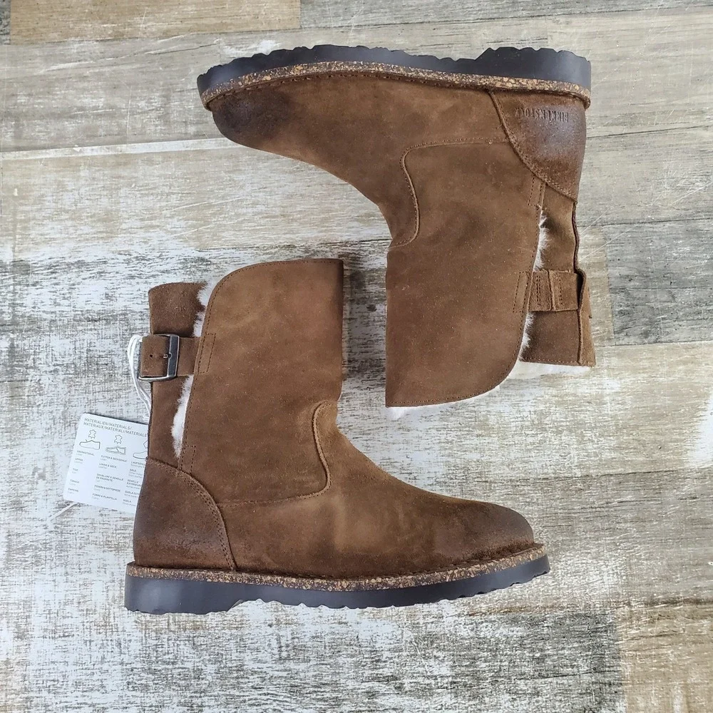 Birkenstock Uppsala Shearling Womens Boots Sz 5 - 5.5 Tea Fur Trim Suede Leather